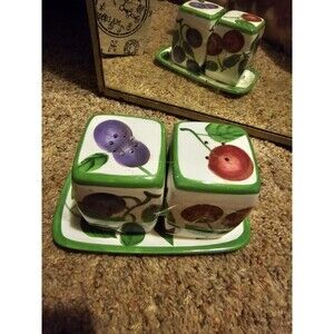 Collectible Vintage Cherries/Plums Salt & Pepper Shakers w/Matching Butter Plate